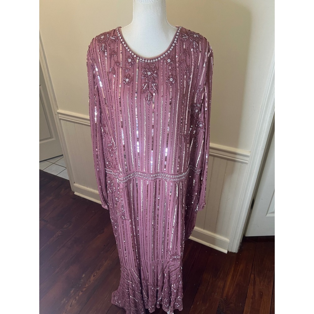 Mac Duggal 93627 Rose Pink Beaded Sequin Long Sleeve Tea‎ Length Dress Womens 24 - Picture 4 of 13